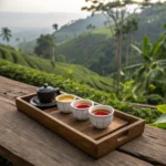 Balinese coffee and herbal tea plantation - Traditional wooden tray with various tea and coffee samples