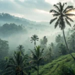 Ubud jungle scenery - Deep green tropical forest with palm trees and misty atmosphere